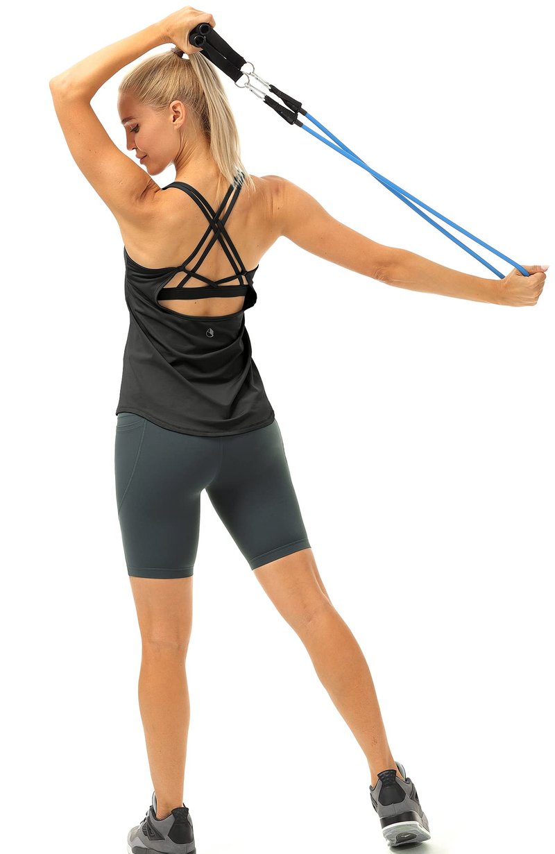 icyzone Workout Tank Tops Built in Bra - Women's Strappy Athletic Yoga Tops, Running Exercise Gym Shirts (S, Black)
