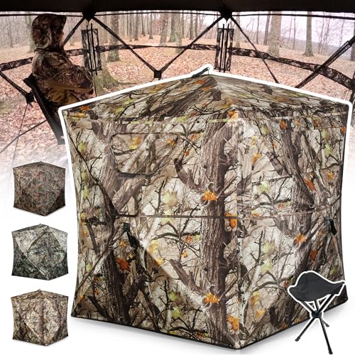 HUNT MONSTER Hunting Blind 1-3 Person with Portable Hunting Chair, 270 Degree See Through Pop up Ground Blinds for Deer Turkey Duck Hunting, Bow Hunting Adjust Windows with Silent Zipper(CAMO 3)