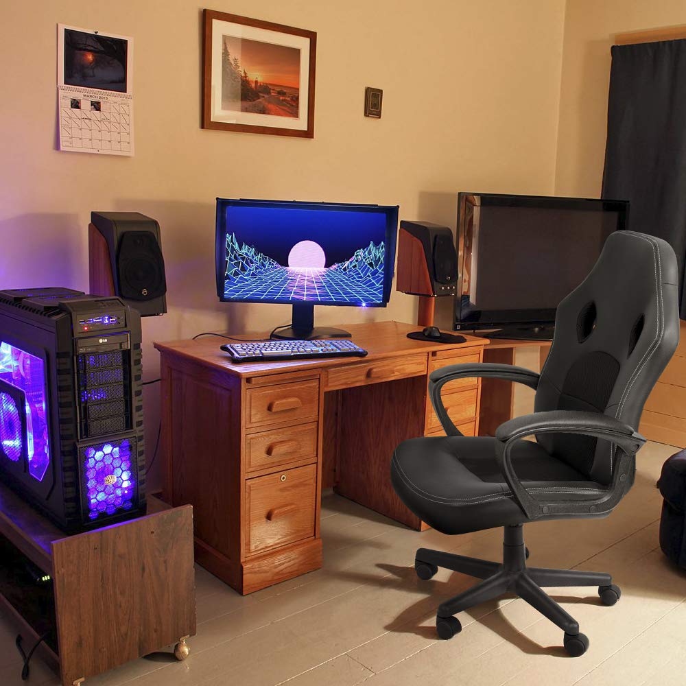 KaiMeng Office Gaming Chair High Back Leather Computer Chairs Ergonomic Height Adjustable Racing Game Desk Chair Executive Conference Task Chair (Black)