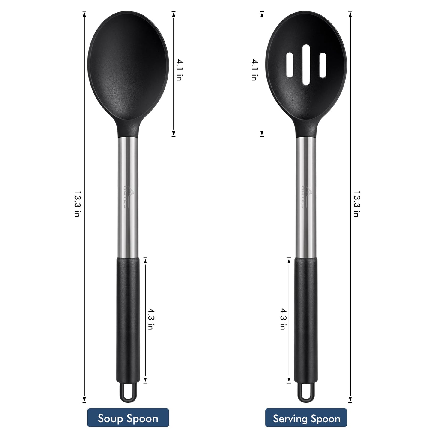 HOTEC 446°F Heat Resistant Large Silicone Cooking Spoon, BPA Free Solid Slotted Spoons, Nonstick Kitchen Cookware Utensils, Mixing, Serving, Stiring Large Spoons, Black