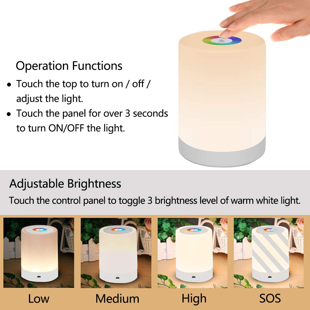 LED Night Light, Smart Bedside Table Lamp, Touch Control Dimmable USB Rechargable, Portable, Color Changing RGB for Kids, Bedroom, Camping (Warm White)