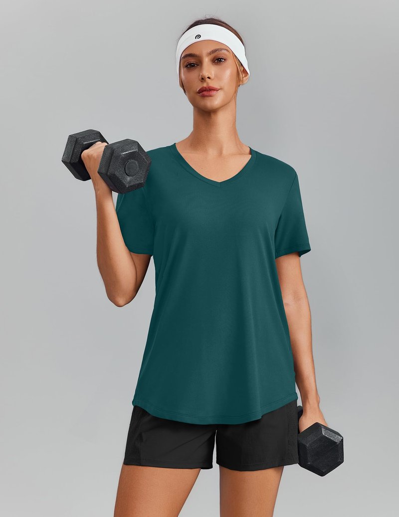 PINSPARK Cooling Shirts for Women Short Sleeve V Neck Moisture Wicking Workout Tops Quick Dry Breathable Athletic Gym T-Shirts,Dark Teal Medium