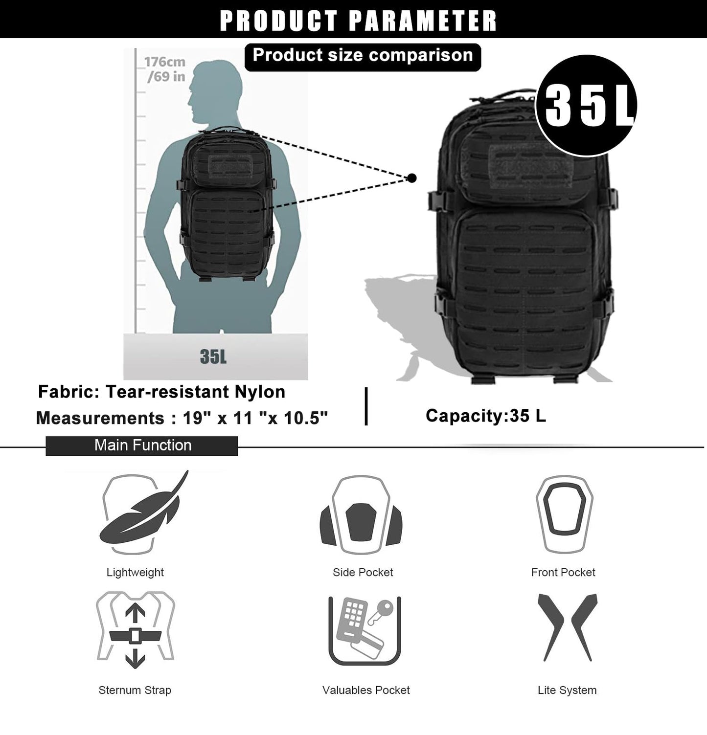 Military Tactical Backpack for Men 35L Small Molle System Water Resistant 3 Day Survival Assault Pack for Bug Out Bag Rucksack Travel Hiking Camping Gym Range Trekking Hunting Sport Work (Black)