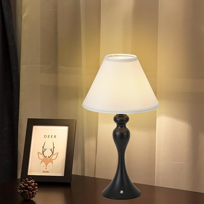 Cordless Bedside Lamp for Living Room, Table Lamp for Bedroom, 3-Way Dimmable Nightstand Lamp with Fabric Shade, Rechargeable Touch Led Desk Lamp Battery Operated Lamp for Dorm, Home Office (Black)