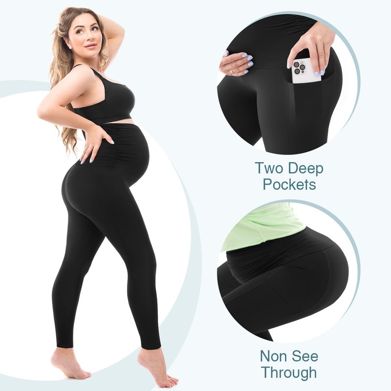 Leafigure Womens Maternity Leggings with Pockets, Pregnancy Buttery Soft Yoga Workout Pants Black Large