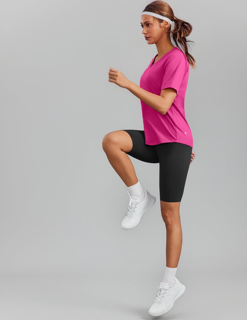 PINSPARK Womens Running Tops Short Sleeve V Neck Quick Dry Athletic Shirts Moisture Wicking Gym Workout T-Shirts Lightweight,Hot Pink Medium
