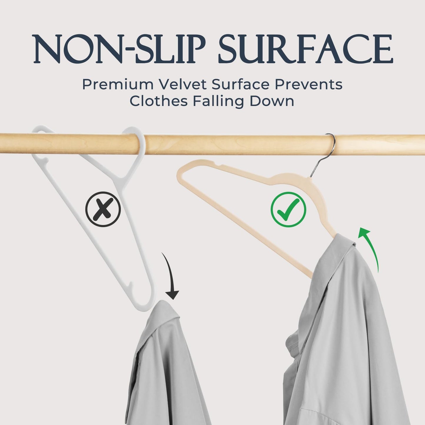 HOUSE DAY Beige Velvet Hangers 20 Pack, Non Slip Clothes Felt Hanger Heavy Duty for Coat, Premium Slim Space Saving Suit Hangers for Closet Organizer, 360° Rotating Silver Hook