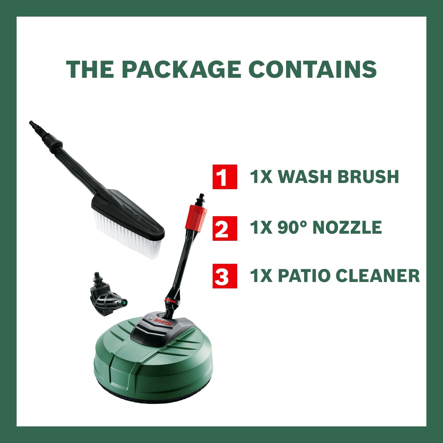 Bosch Pressure Washer Home and Car Cleaning Kit (with patio Cleaner, wash Brush and 90 degree nozzle, in Carton Packaging)
