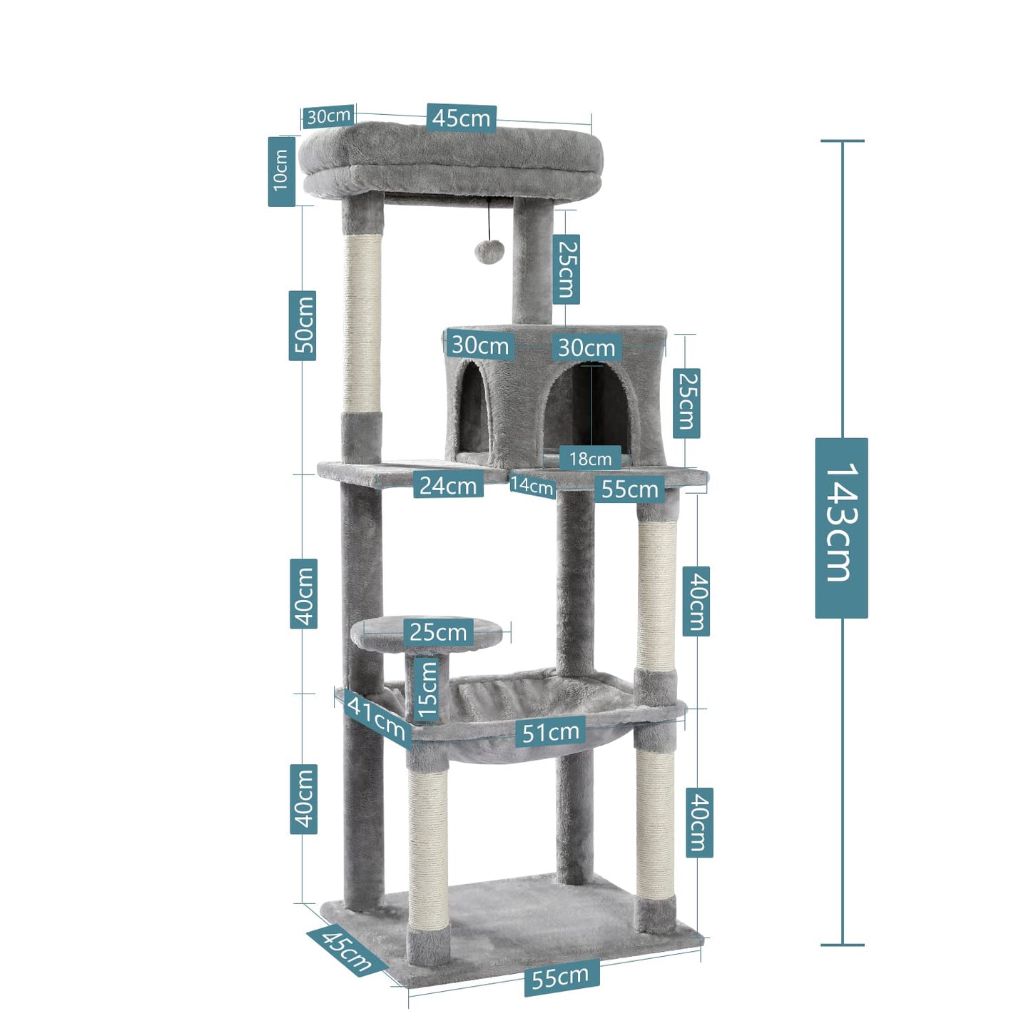 PAWZ Road 143cm Cat Tree for Indoor Cats with Metal Frame Large Hammock, 56.3 Inches Big Cat Tower with Scratching Posts and Top Perch, 4.7ft Multi-Level Activity Center with Replaceable Pompon, Grey