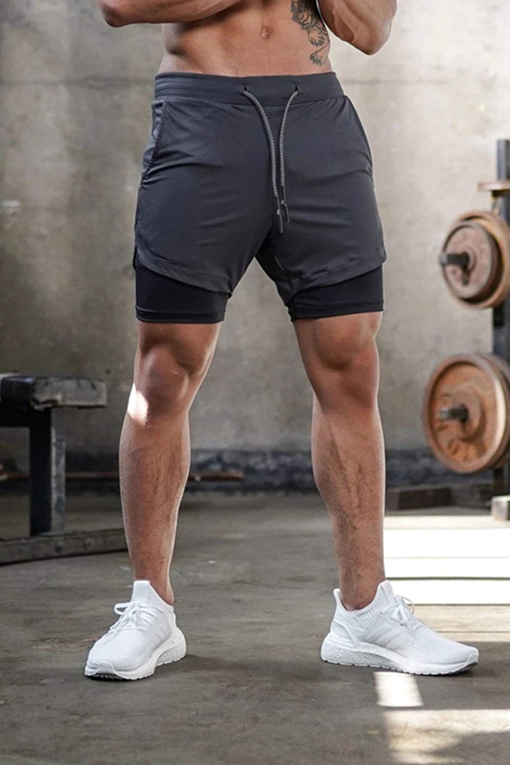 Superora Mens Running Gym 2 in 1 Sports Shorts Breathable Outdoor Workout Training Shorts with Pockets Grey