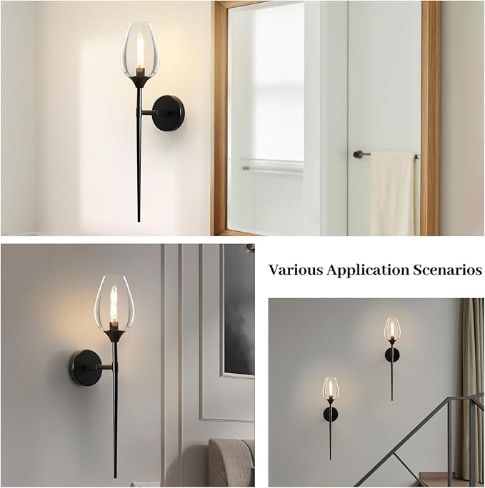 Black Glass Wall Sconce Light: Modern Decorative Sconces Lights Over Mirror - Vintage Brushed Brass Bathroom Vanity Lighting with Flower Shade - Indoor Glass Wall Mount Lamp for Bedroom Living Room