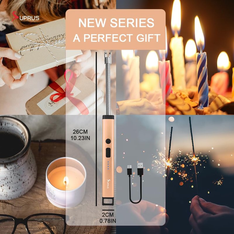 SUPRUS Rechargeable Candle Lighter Electric Arc Triple Safety Long Lighter Stainless Steel Shell & Hanging Hook (Peach Fuzz)