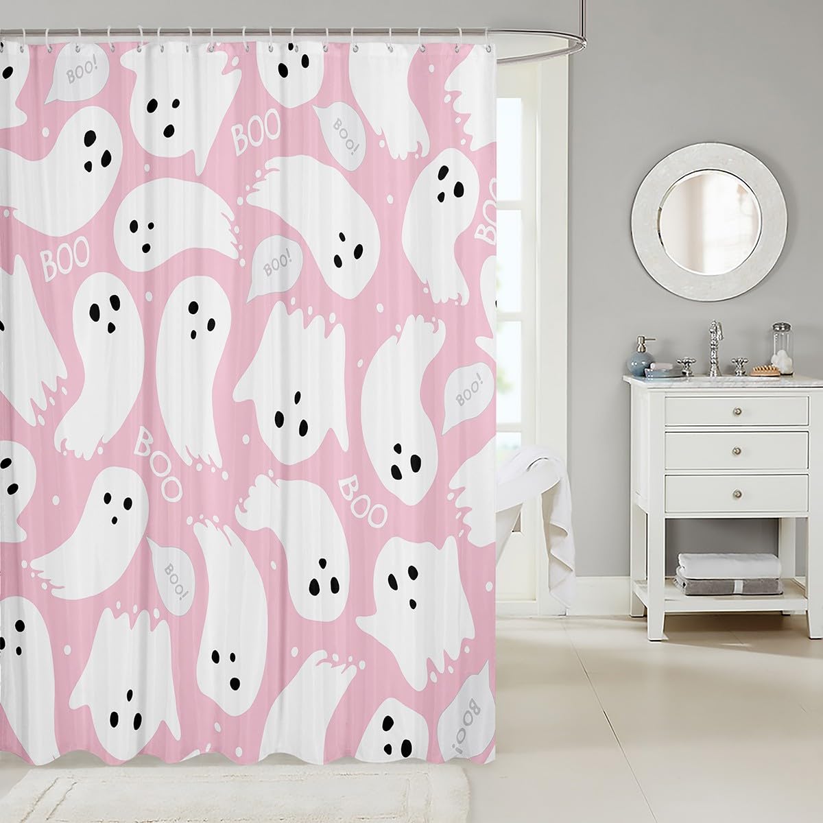 Feelyou Pink Halloween Bath Curtain 72"x72" Cartoon Pink Ghost Shower Curtain for Kids Kawaii Cute Bathroom Shower Curtain Set Polyester Kids Bathroom Accessories