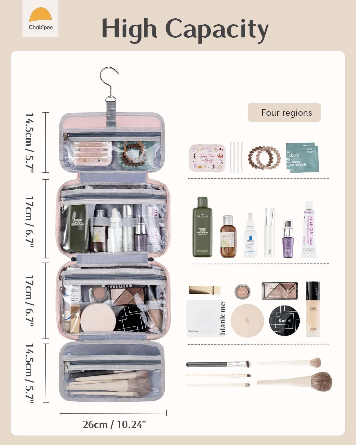 Chakipee Travel Hanging Toiletry Bag for Women - Waterproof Cosmetic Organizer with Clear Window, Lightweight Bathroom Bags for Essentials, Makeup, Shampoo, Toiletries (Pink, Medium)