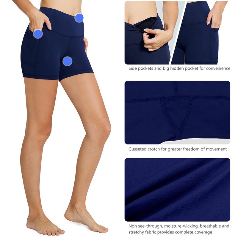 baleaf Biker Shorts Women Yoga Gym Workout Spandex Running Volleyball Tummy Control Compression with Pockets 8" 2-Pack Black/Navy Blue XXXL