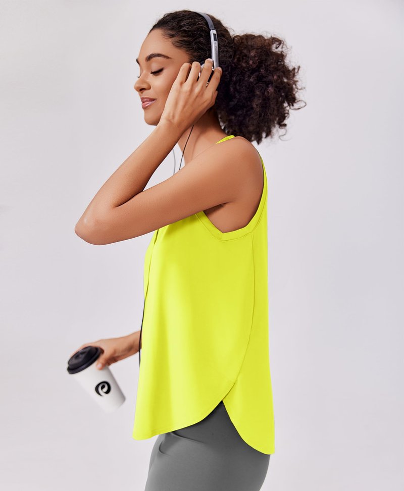 PINSPARK Womens Workout Tops Quick Dry Athletic Tank Top UPF 50+ Sleeveless Running Shirts with Side Slits Lightweight Yoga Top, Neon Yellow Large