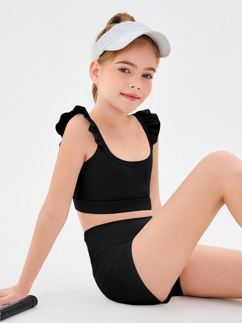 Haloumoning Girls Training Bra Kids Cute Ruffle Sports Bra Workout Yoga Bra Comfort Dance Crop Top Black