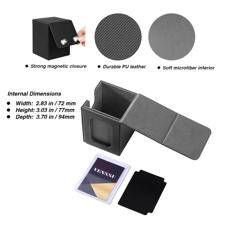 Venssu MTG Deck Box With Slot For Commander Display, Patented Design, Fits 100+ Double /120+ Single Sleeved Cards, With 2 Dividers And 1 Toploader,Compatible with board game TCG CCG (Black&Grey)