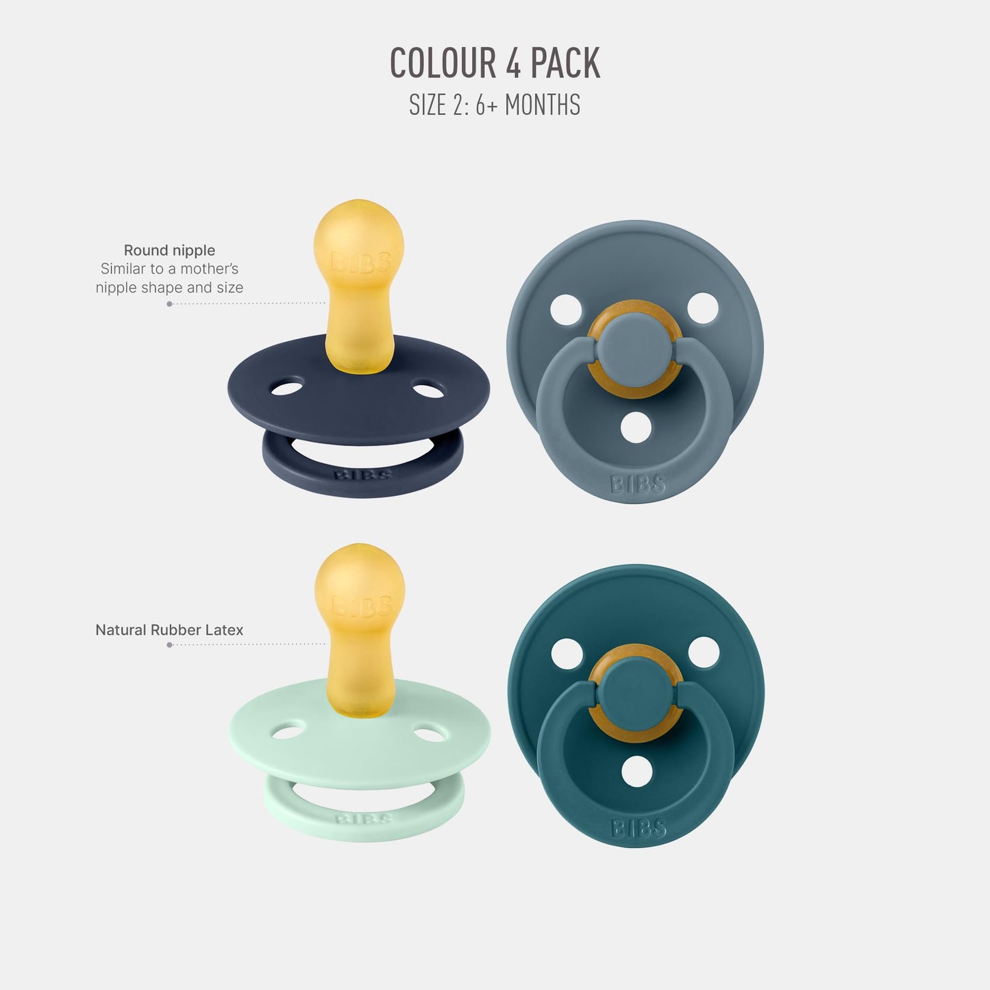 BIBS Dummies Colour 4-Pack, BPA Free Dummy Pacifier, Round Nipple Soothers, Natural Rubber Latex, Made in Denmark. 6-18 Months (Pack of 4), Baby Boy Colours