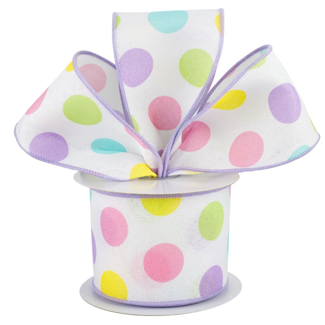 Pastel Polka Dots Wired Ribbon - 2 1/2" x 10 Yards, White, Pink, Purple, Blue, Green, Yellow, Spring, Baby Shower, Birthday Gift Bow, Wreath, Christmas, Easter