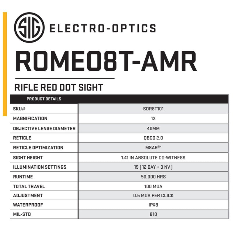 SIG SAUER ROMEO8T-AMR Red Dot Sight SOR8T101 | 1x40mm QBCD 2.0 MSAR Reticle | Ultra-Durable Waterproof Tactical Optic for Rifle with Flip Covers, MOTAC, MIL-STD-810 & 15 Brightness Settings