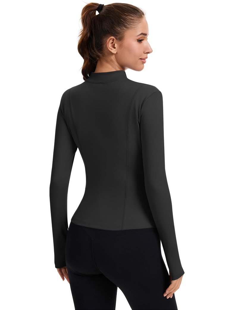 Rapbin Long Sleeve Workout Tops for Women Light Weight Zip Up Jackets Cropped Jacket with Thumb Holes (Black S)