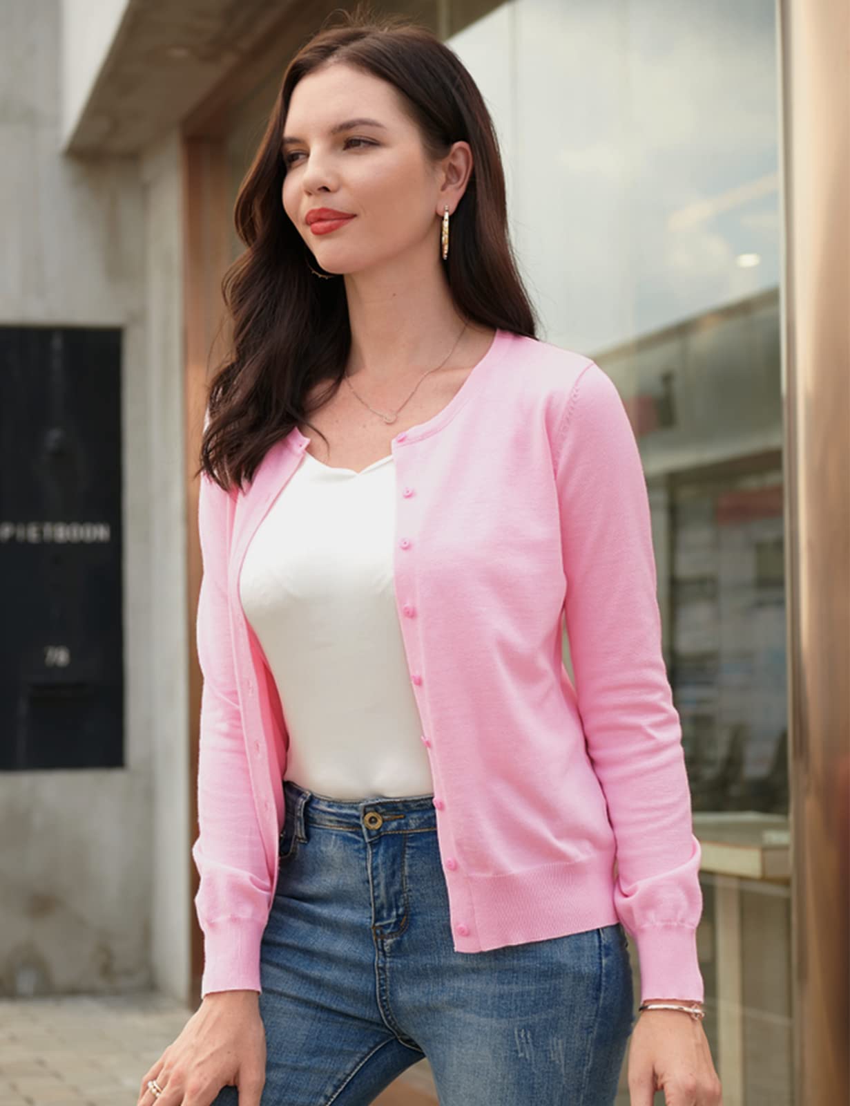 GRACE KARIN Pink Cardigan Sweaters for Women Long Sleeve Lightweight Cardigans for Women Crewneck Sweater Tops M