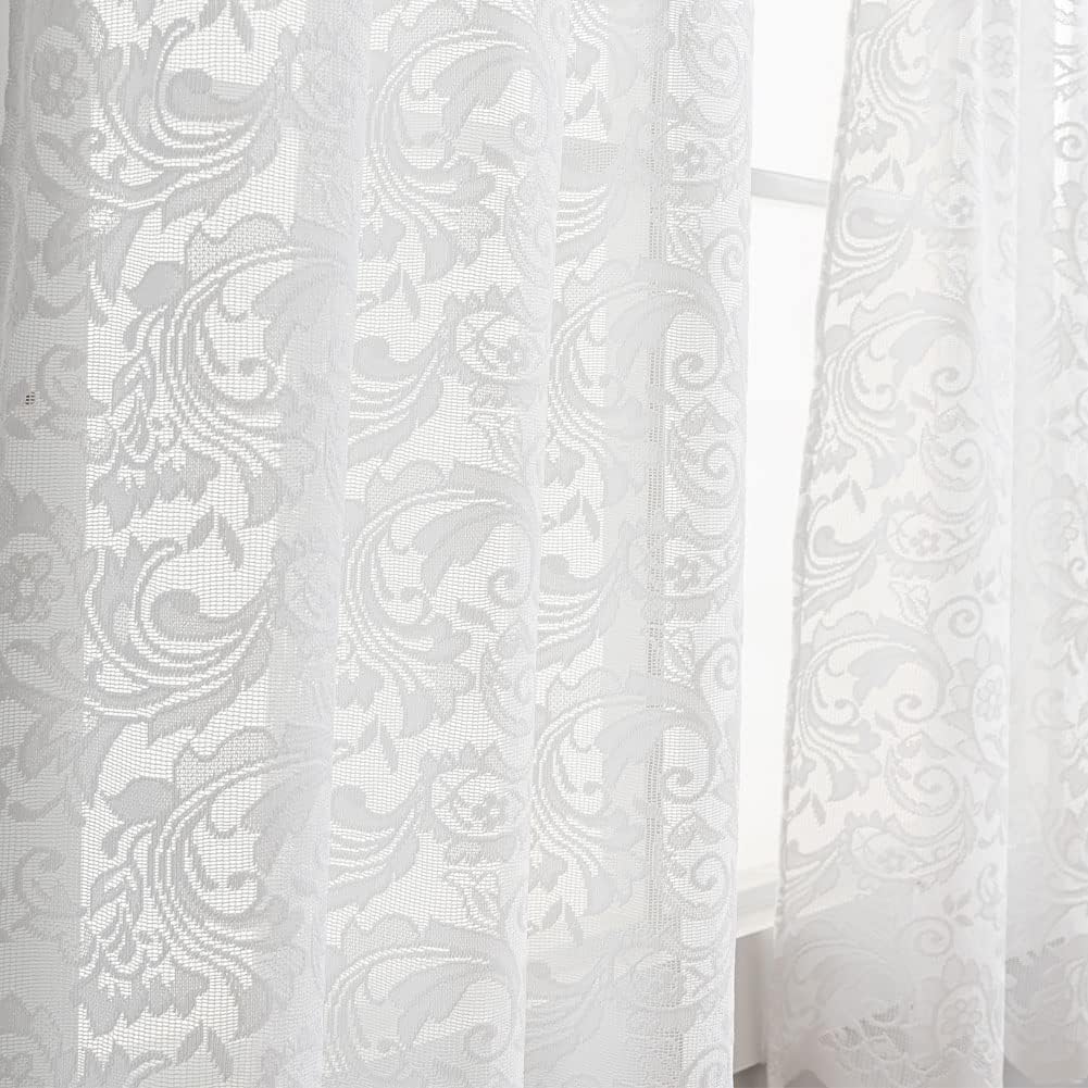 ALIGOGO Lace Cafe Curtains 30 inch Length - Privacy Mini Curtain for Bathroom Window Front Door, Elegant Short Half Scalloped Cabinet Curtains for Small Windows 2 Panels, 26" x 30" White