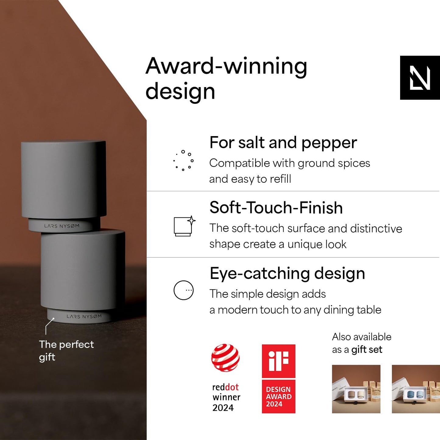 LARS NYSØM Mini Salt and Pepper Shakers Set | Stainless Steel Salt and Pepper Shakers with Modern Minimalist Design, Easy Refill, Small Size (Stone Blue)