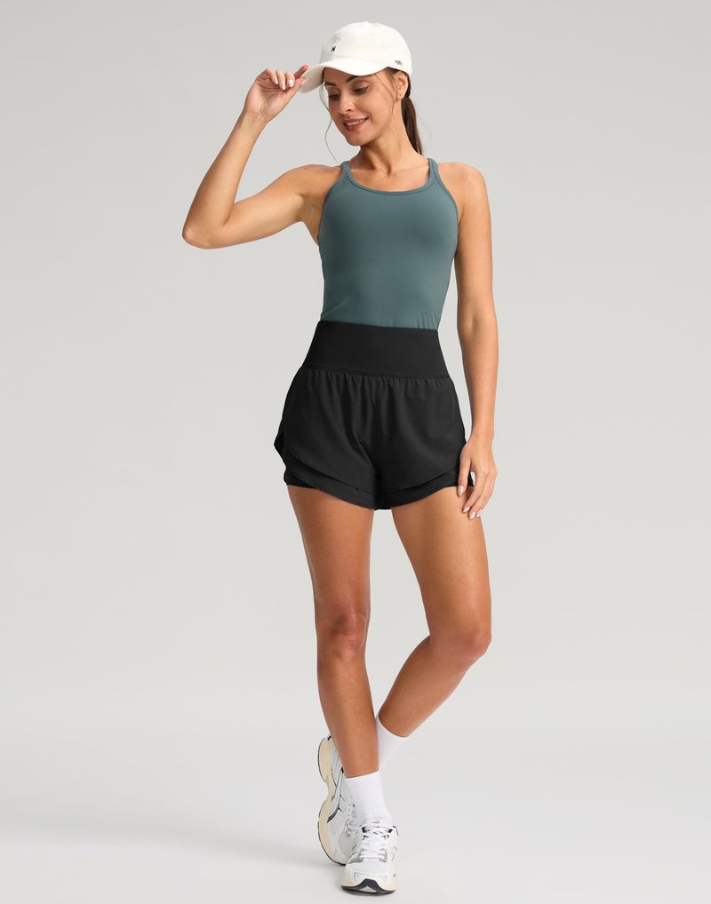 SANTINY Women's 2 in 1 Running Shorts with Pockets 3" High Waisted Exercise Workout Athletic Shorts for Women with Liner(Black_M)