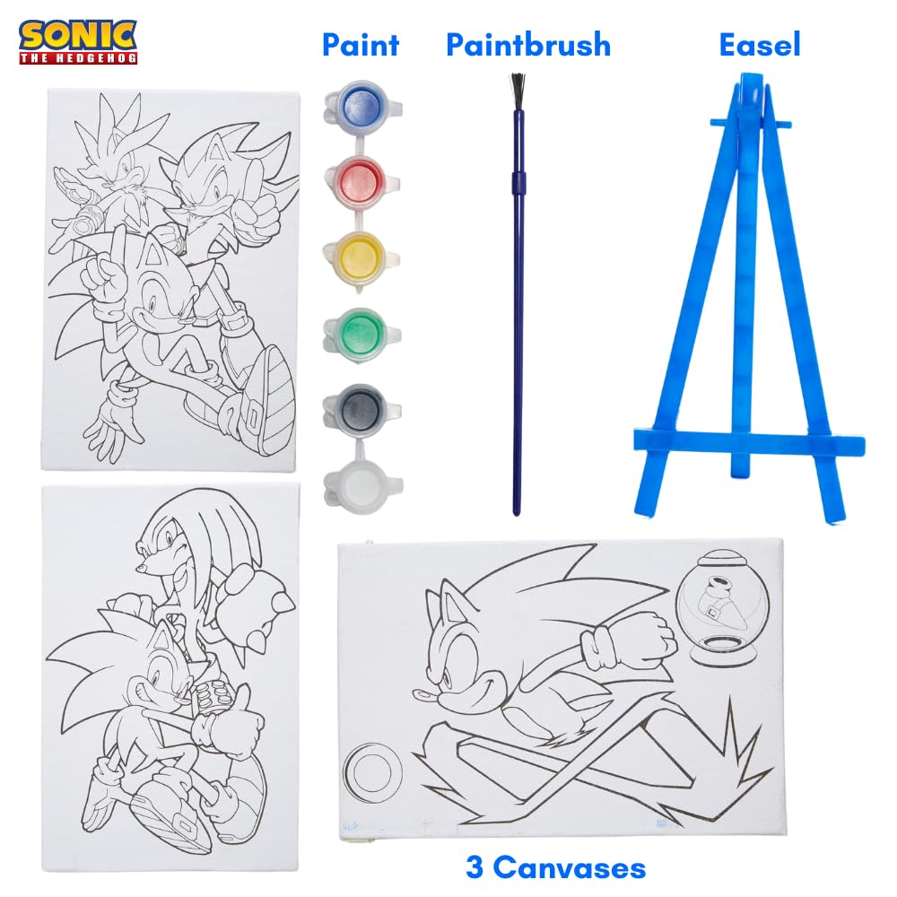 Innovative Designs Sonic The Hedgehog Canvas Paint Set for Kids with 3 Canvases, Acrylic Paint, Paintbrush, & Easel