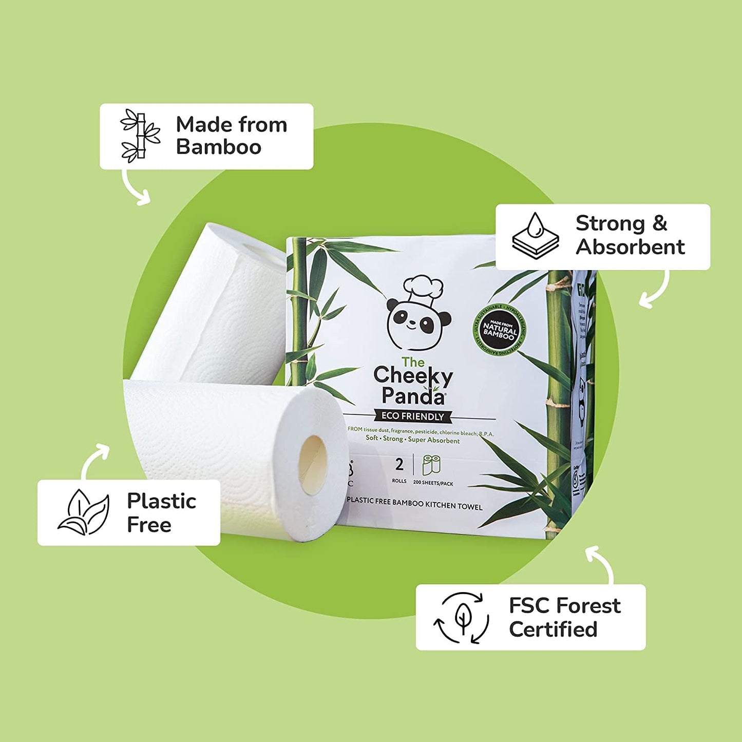The Cheeky Panda Bamboo Kitchen Roll | 10 Kitchen Rolls - 1000 Super Strong Sheets | Naturally Strong and Absorbent Plastic Free Kitchen Paper Towels