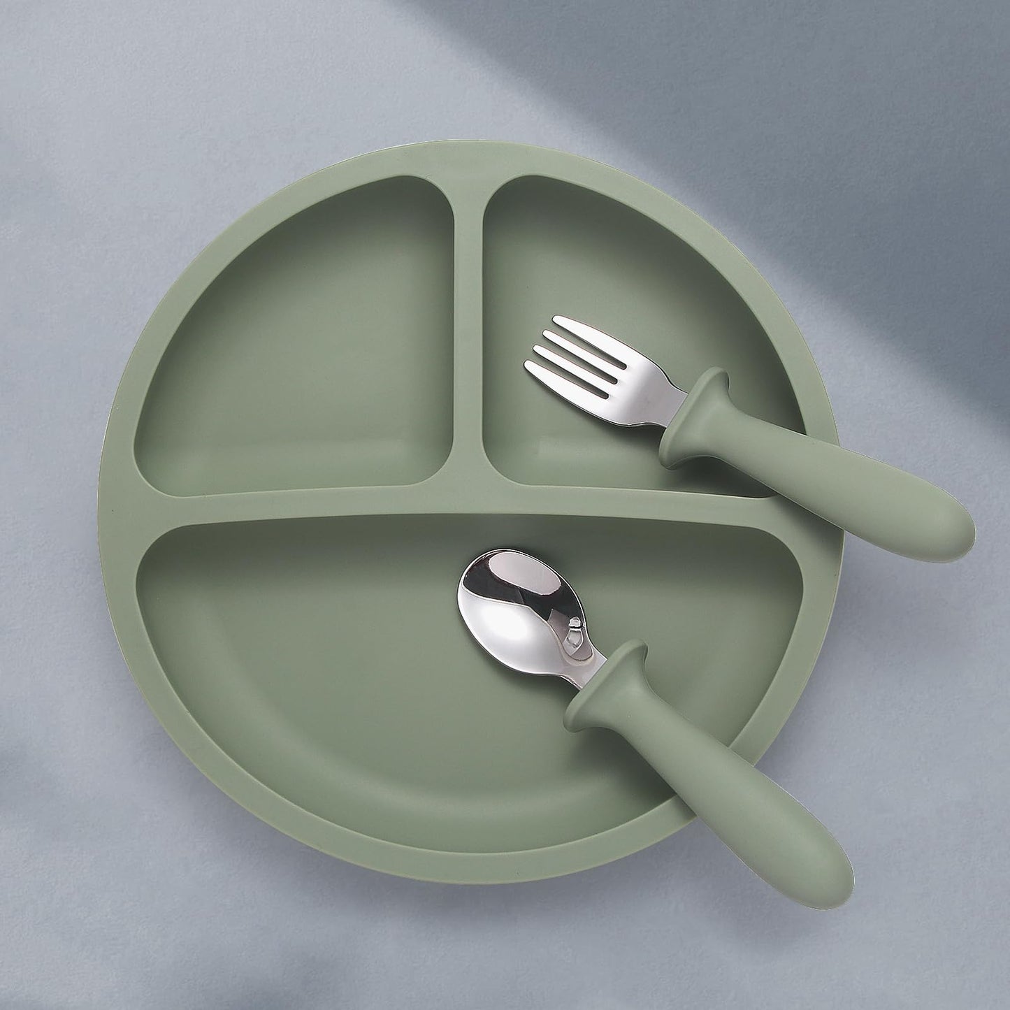 Eascrozn Baby Feeding Set, 2 Pack Silicone Divided Suction Plates for Baby, 2 Pack Spoons and Forks Set, BPA Free, Baby Led Weaning Supplies for Toddler Utensils