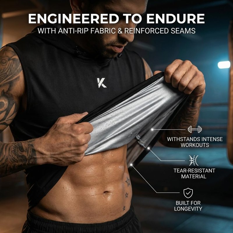 Kewlioo Sauna Shirt for Men Hoodie - Heat Trapping Sauna Suit Pullover Sweat Vest Hoodies, Hooded Sweat Suit Tank Top for Exercise, Cardio, Gym Workouts, Black