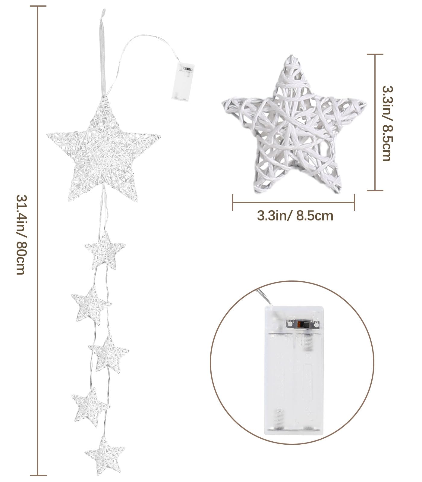 Lewondr Hanging Light, Rattan Star Shape Fairy Lights Indoor Decorative Lights Window Light Battery Operated Star Lights for Children's Room Bedroom Party Decoration with Timer Function, White