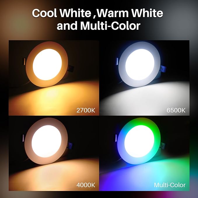 Peteme Recessed Lighting 4 Inch LED Smart Recessed Lights IC Rated ETL Certified, Canless Ceiling Light RGBCW Color Changing Outdoor Soffit Downlight with J-Box Work with Alexa/Google, 10W 800LM 12Pcs
