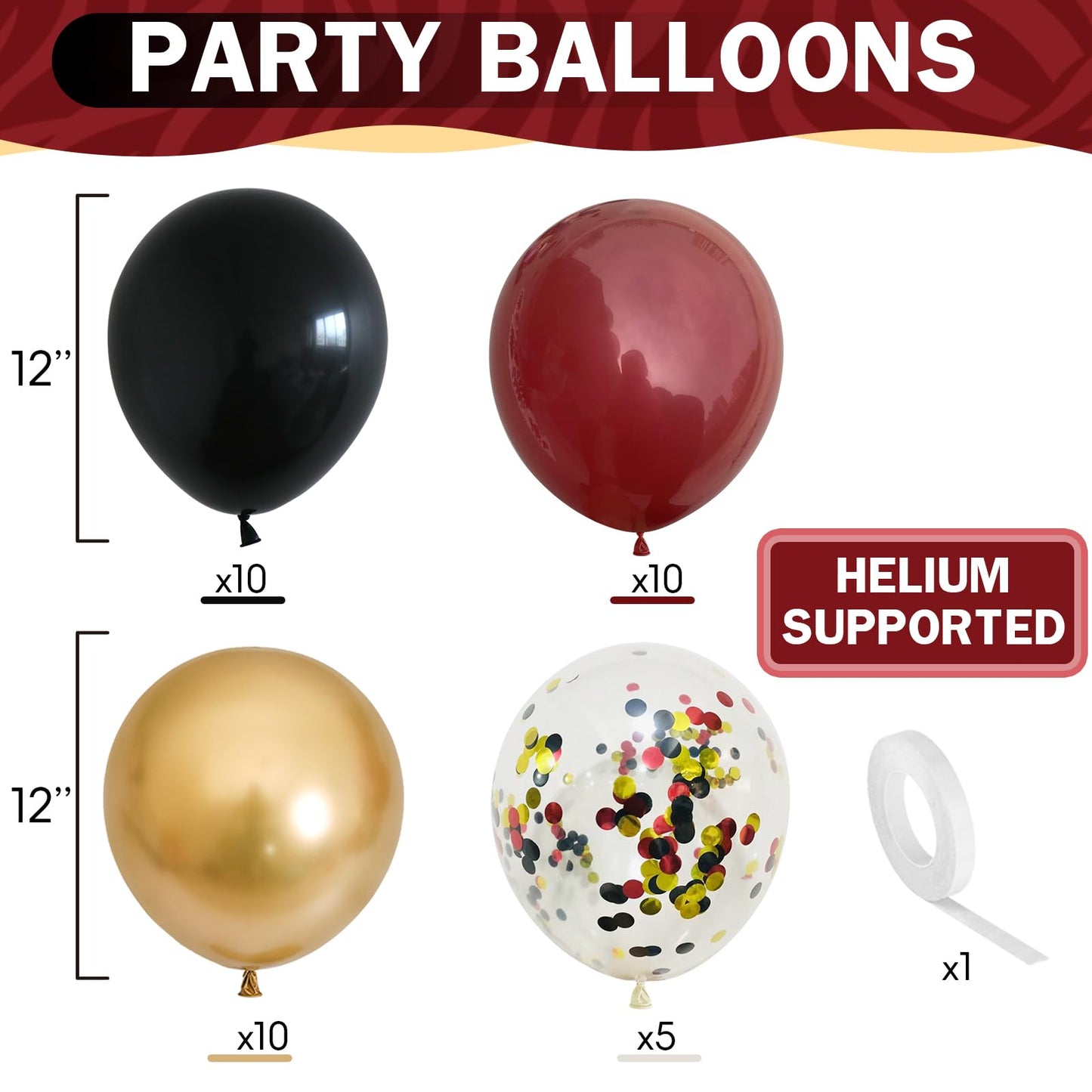 HILAVO Black Burgundy Gold Balloons 12 Inch Burgundy Maroon Red Black Metallic Gold Latex Confetti Balloon for Kids Graduation Birthday Baby Shower Party Decoration