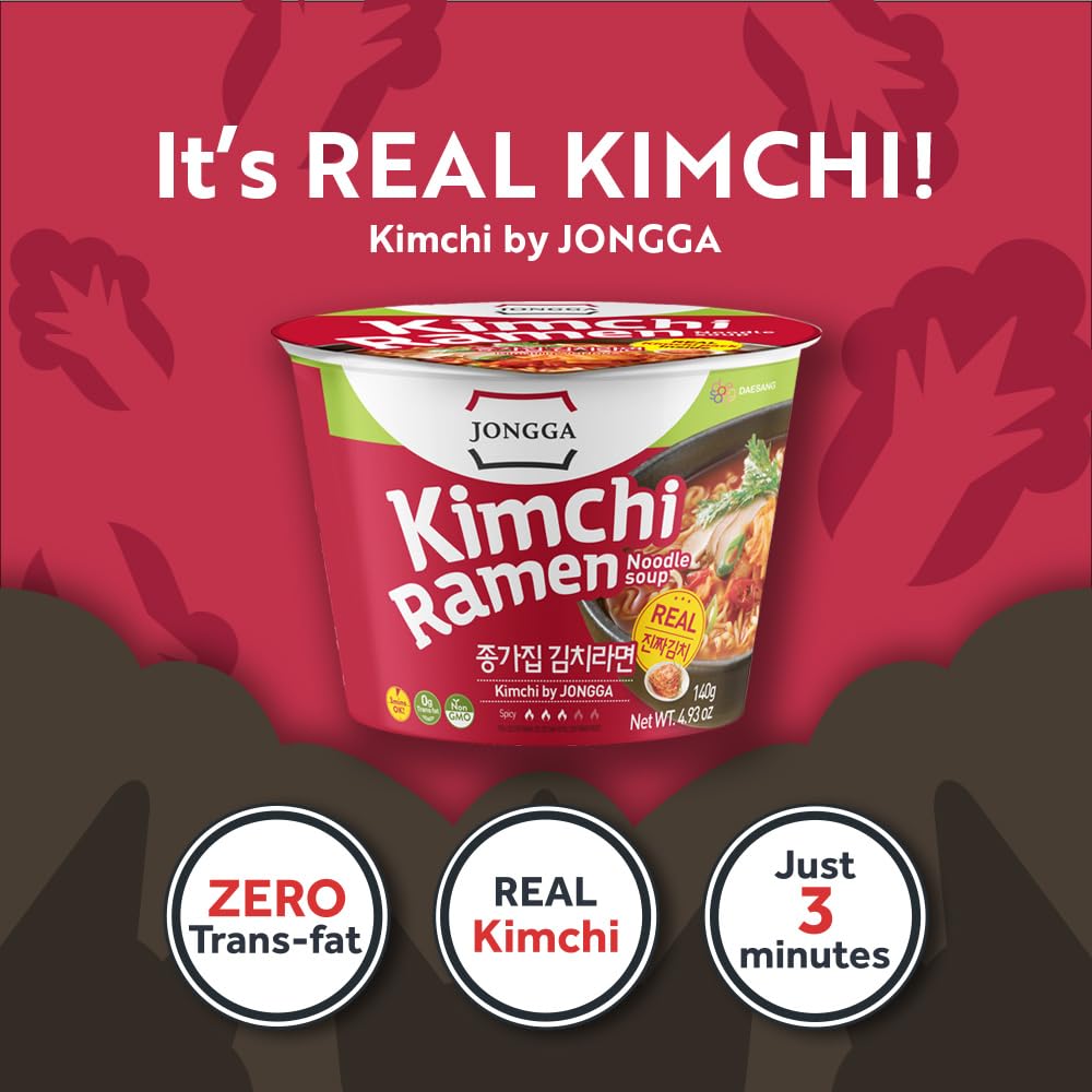 JONGGA Kimchi Ramen with Real Kimchi 4.9 oz Pack of 6, Korean Instant Hot and Spicy Noodle Soup, Authentic Savory Ramen Bowl, Quick and Convenient