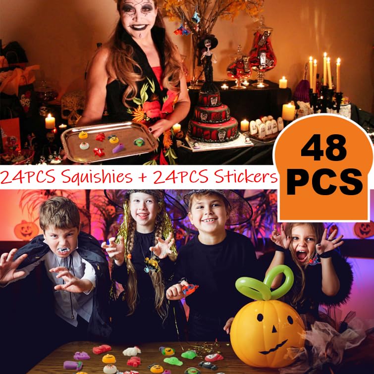 TOANWOD 24PCS Halloween Party Favors Squishy Toys : Goodie Bag Stuffers Fidgets Toys Bulk Cheap - Halloween Trinkets Trick or Treat - Classroom Prize Gifts School Supplies (24 Squishies+24 Stickers)