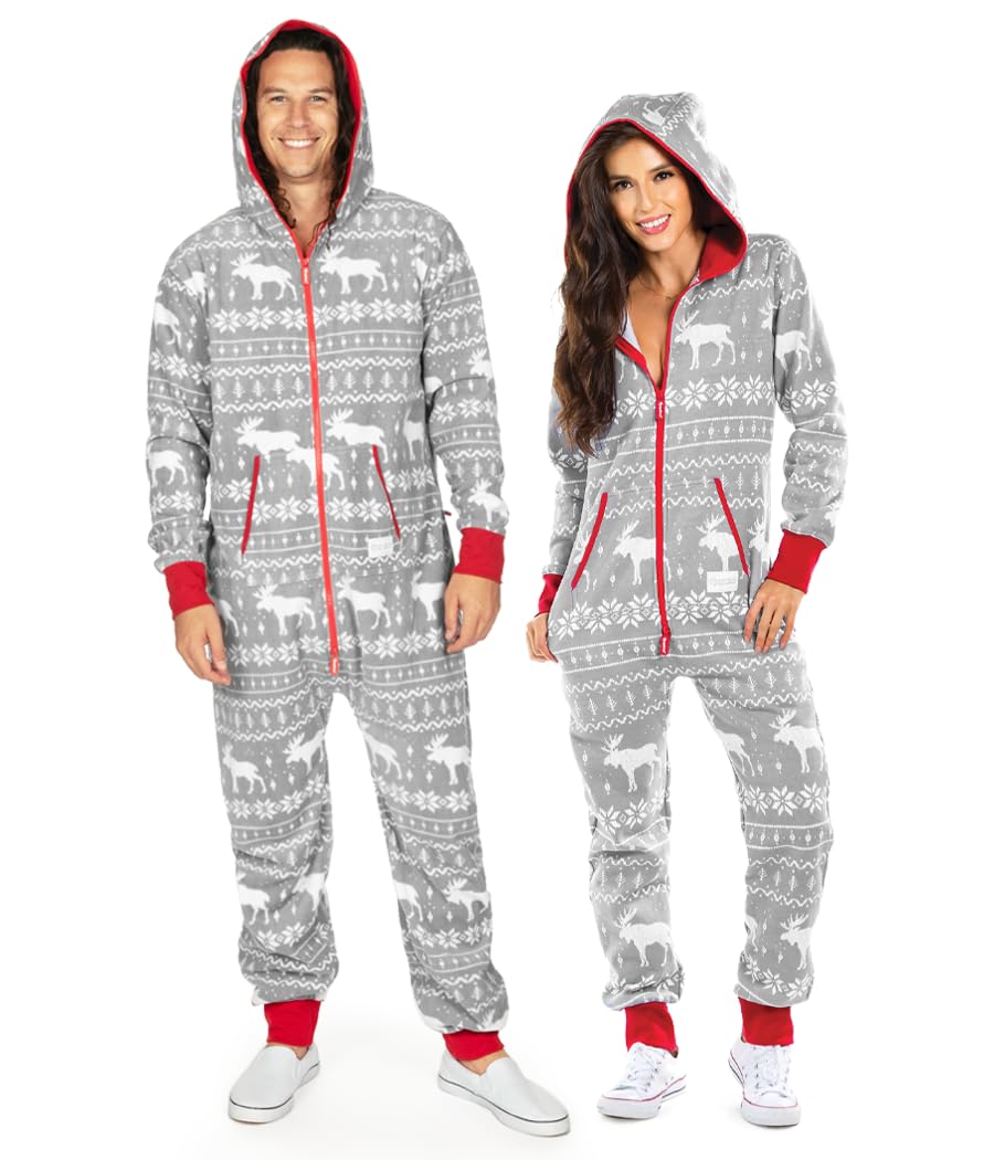 Tipsy Elves Christmas Onesies for Adults - Comfy Unisex Matching Holiday Jumpsuits with Convenient Pockets - Cozy Grey Moose Christmas Jumpsuit Size Large