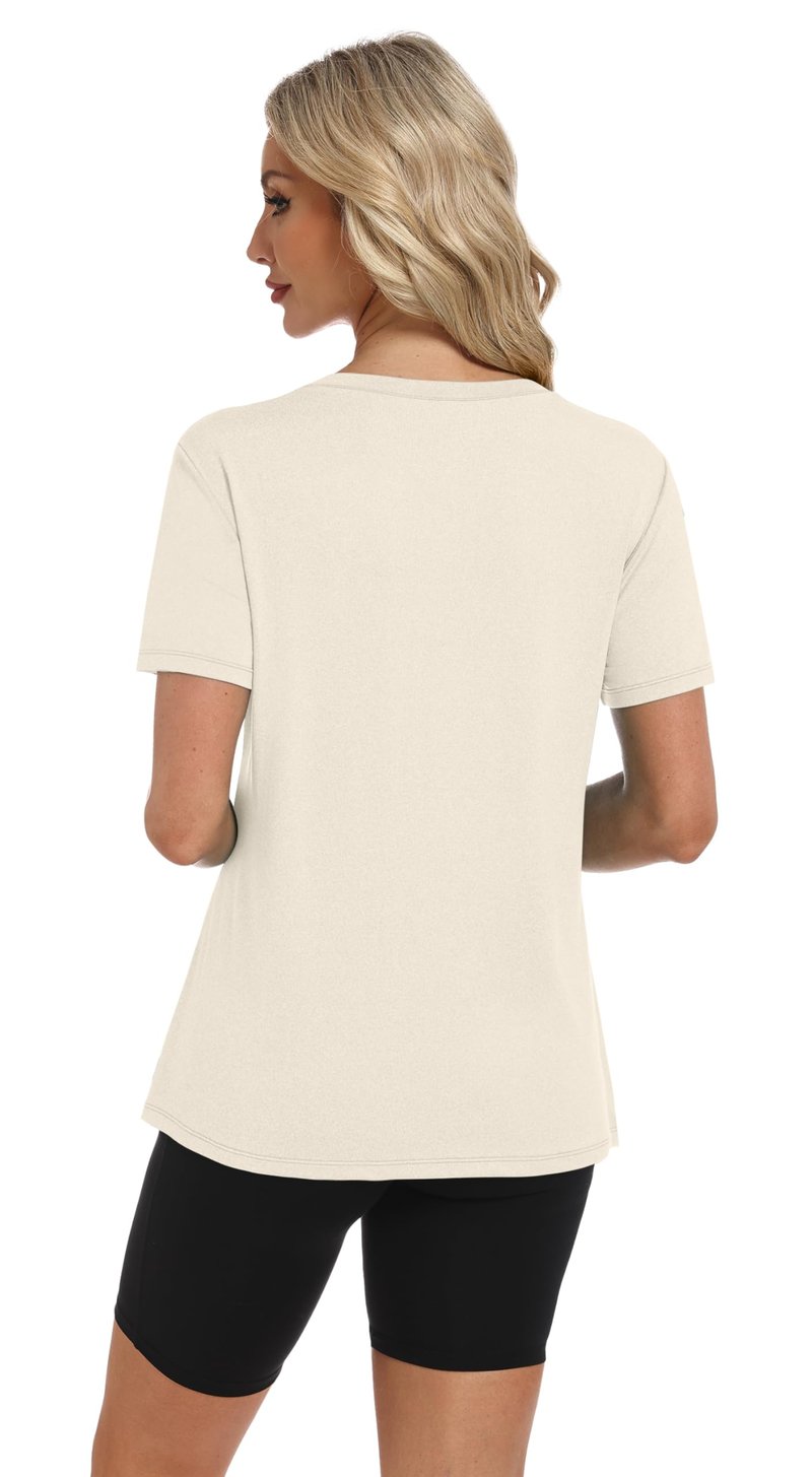 NIASHOT Summer Workout Tops for Women Womens Dry Fit T Shirts Short Sleeve Basic Fitness Clothing Womens Athletic Yoga Tops Pilates Outfits Gym Running Shirts Rash Guard Ivory L