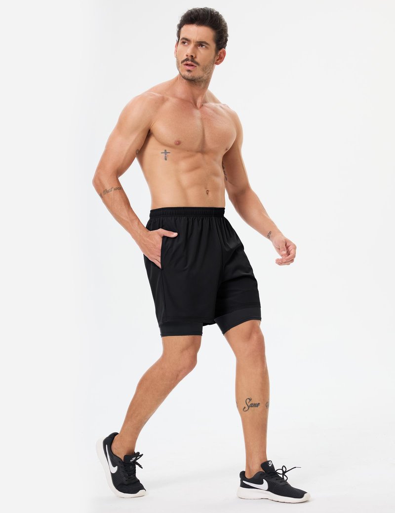 Naarts Men's 2 in 1 Athletic Running Shorts Quick Dry 5 Inch Lightweight Workout Gym Shorts with Liner and Pockets Black,Large