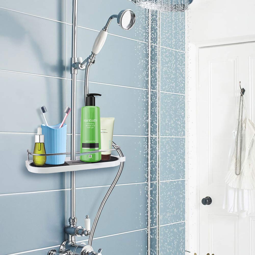 homeasy Bathroom Shower Shelf, Shower Caddy/Tidy No Drilling Shower Holders Storage for Soap Shampoo Shower Rack Hanging with Buckle and Shower Head Hook Suit 19mm-25mm Shower Rail