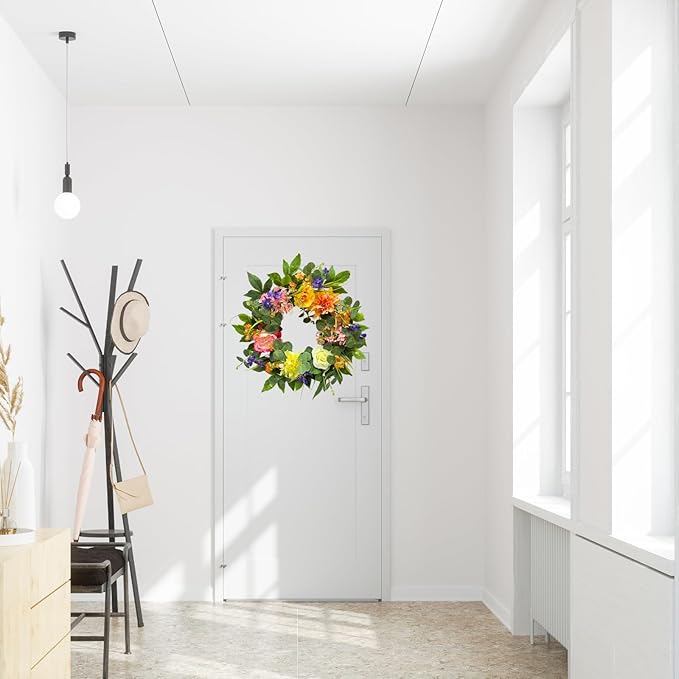 22 Inch Lighted Spring Summer Wreath for Front Door,Dahlia Pinnata, Roses, Eucalyptus Leaves, Peony, Mixed Flowers,Artificial Wreath for Front Door Spring Outdoor Home Decor Easter Decor