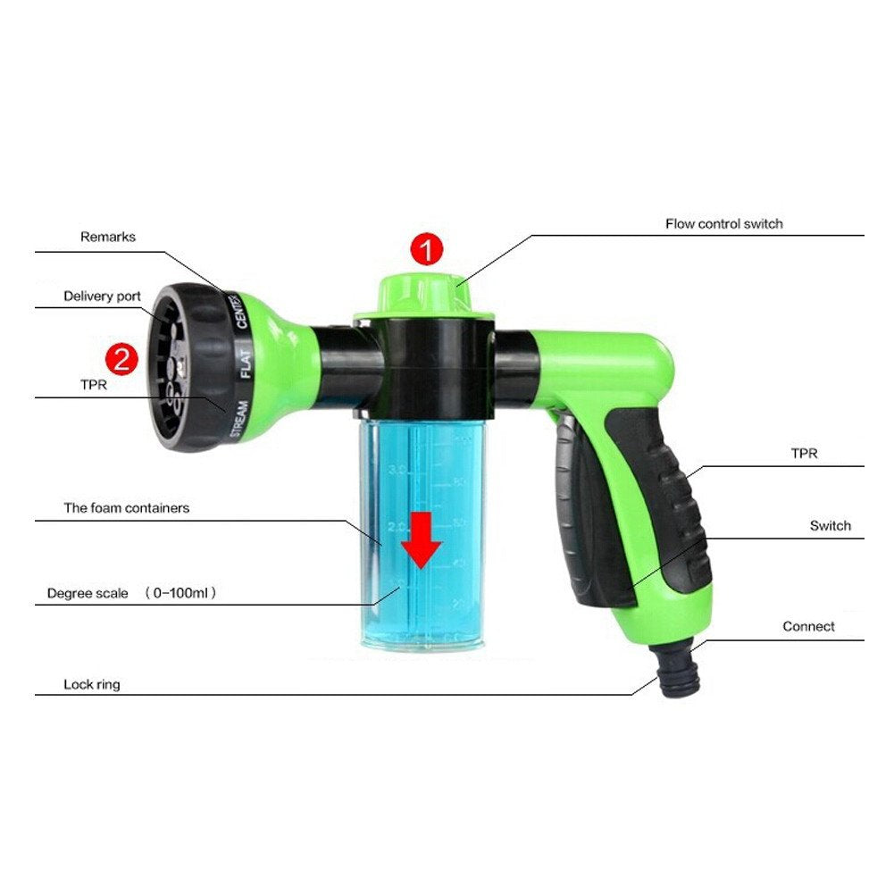 TRIXES Car Cleaning Foam Hose Attachment – Spray Gun Nozzle with Reservoir for Liquid Soap – Jet Wash – Sprinkler Accessory – 8 Watering Modes – Hose Pipe Sprayer with Dispenser