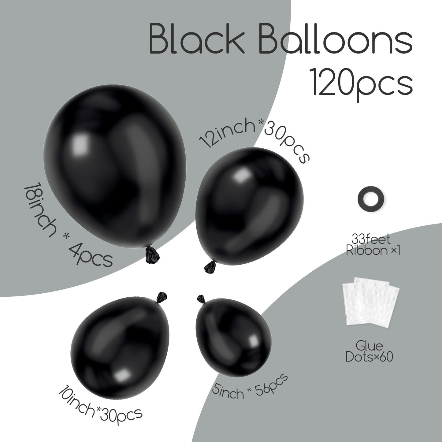 Awenztech 120pcs Black Balloon Arch Kit, 18 12 10 5 inch Black Latex Balloons Different Sizes Balloon Garland for Graduation Halloween Birthday Party Decorations