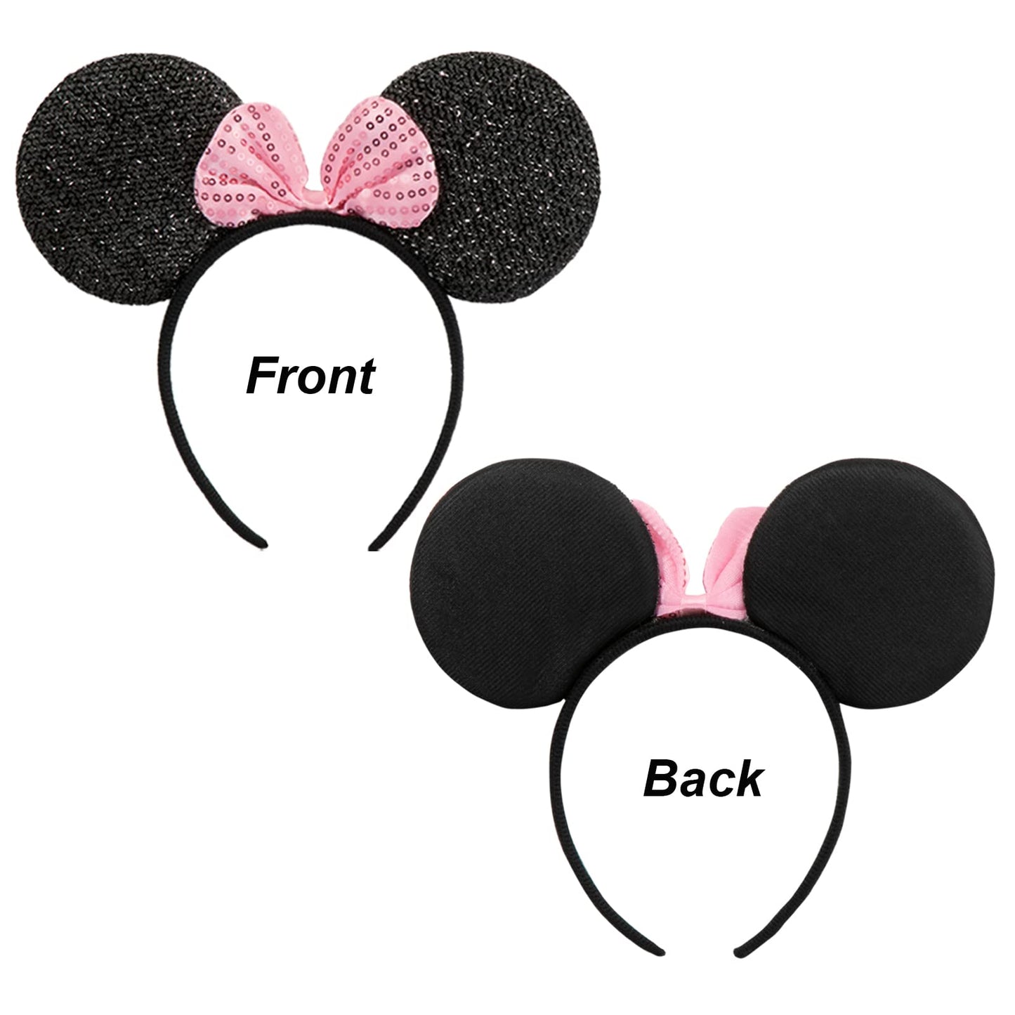 CHuangQi Mouse Ears Solid Black and Pink Sequins Bow, Set of 12