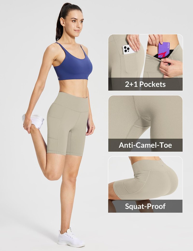 baleaf Biker Shorts Women Yoga Gym Workout Spandex Running Volleyball Tummy Control Compression with Pockets 8" Khaki S