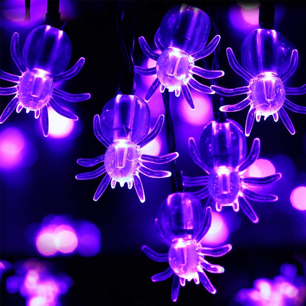 RECESKY 2Pack 20 LED Purple Spider String Lights with Timer - Total 13Ft Battery Powered Halloween String Light - Spooky Decor for Indoor House Party Holiday Window Halloween Decorations