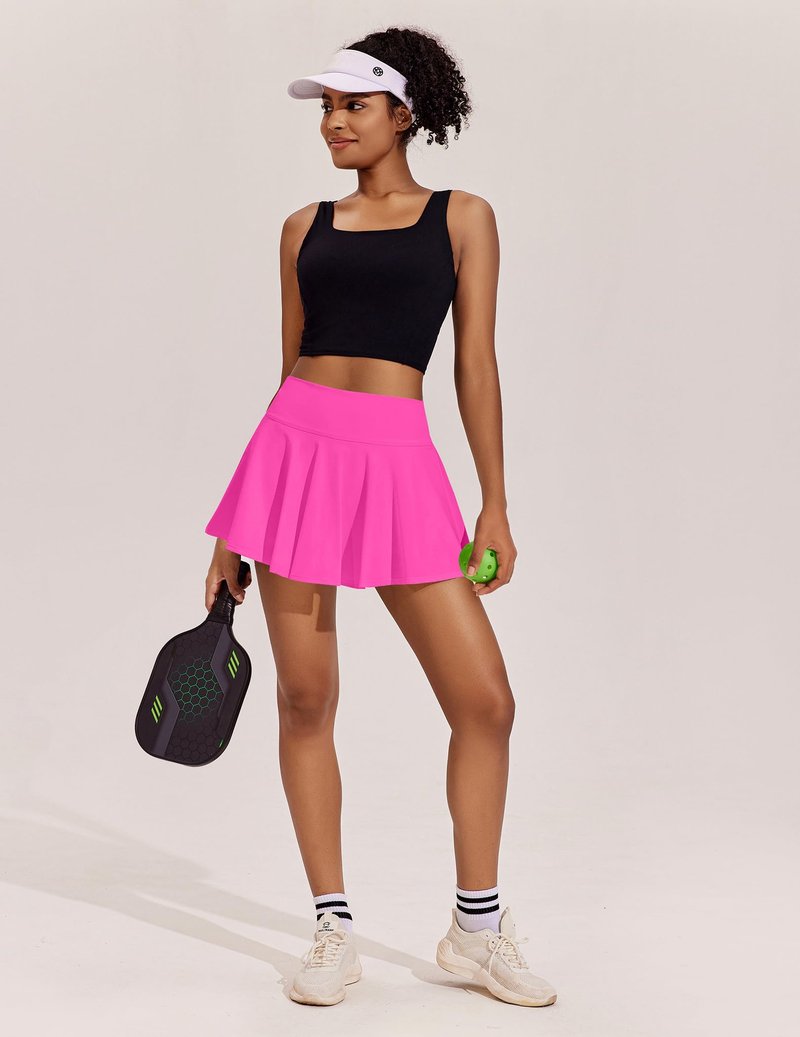 PINSPARK Pleated Skirts for Women Tennis Skorts with Pockets Moisture Wicking Golf Skirt with Shorts Underneath, Neon Pink XL